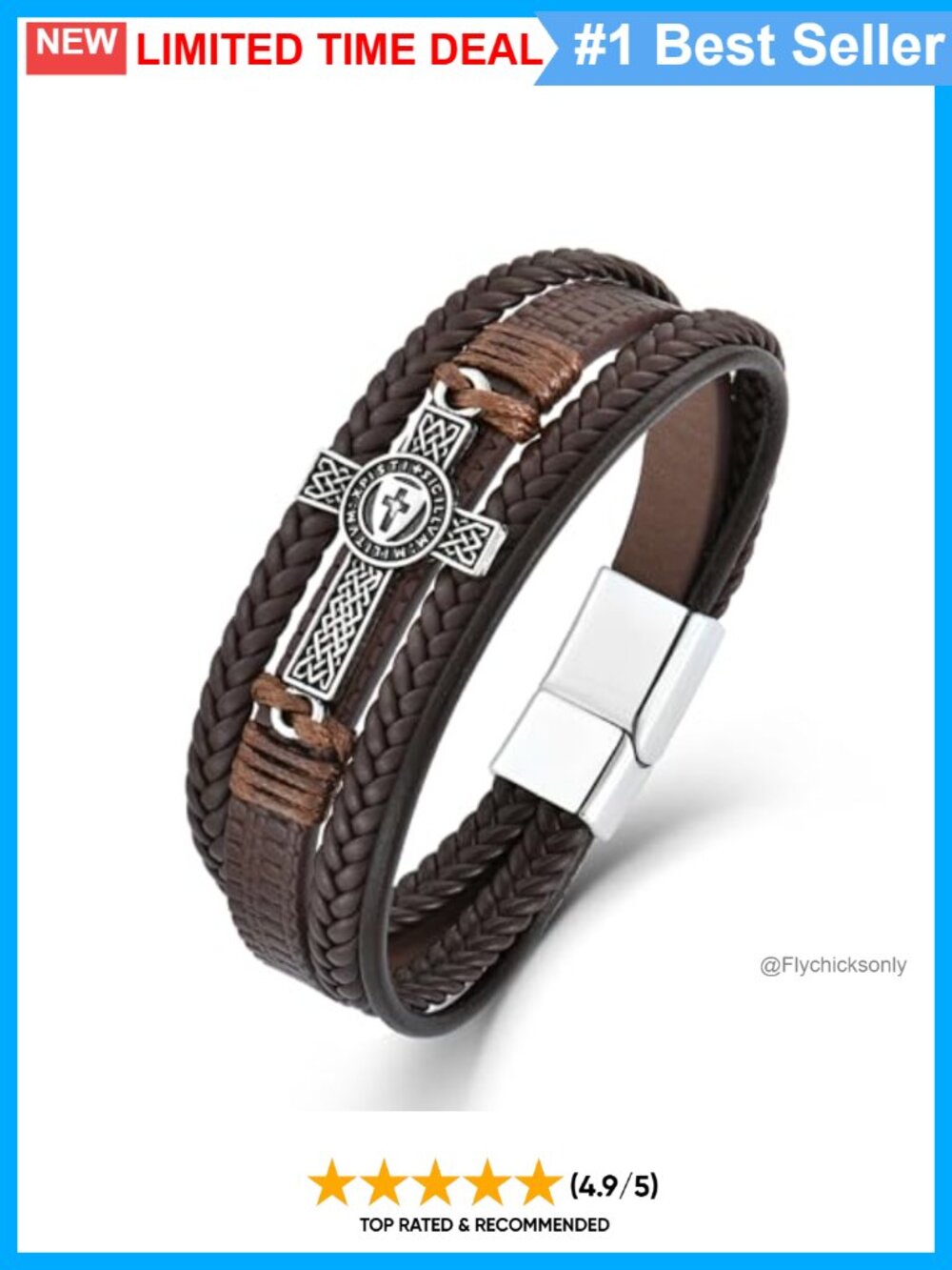Men's Braided Leather Cuff Bracelet Stainless Steel Celtic Cross Shield